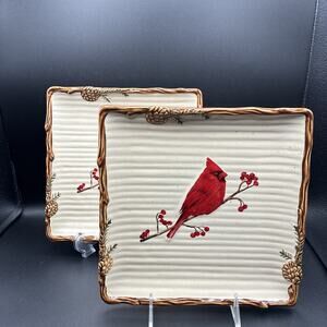 St Nicholas Square Snow Valley 8-3/4 Salad Plate Cardinal Pine Cone Bough Bark